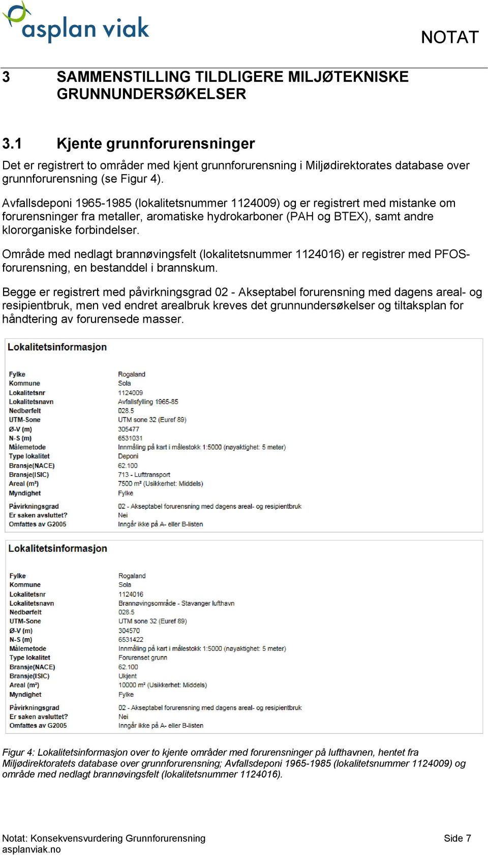 Avfallsdeponi 1965-1985 (lokalitetsnummer 1124009) og er registrert med mistanke om forurensninger fra metaller, aromatiske hydrokarboner (PAH og BTEX), samt are klororganiske forbielser.