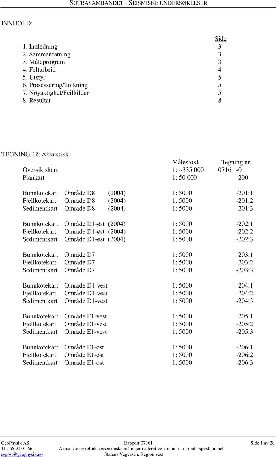 Oversiktskart 1: ~335 000 07161-0 Plankart 1: 50 000-200 Bunnkotekart Område D8 (2004) 1: -201:1 Fjellkotekart Område D8 (2004) 1: -201:2 Sedimentkart Område D8 (2004) 1: -201:3 Bunnkotekart Område