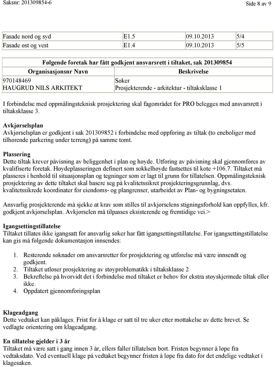 2013 5/5 Følgende foretak har fått godkjent ansvarsrett i tiltaket, sak 201309854 Organisasjonsnr Navn Beskrivelse 970148469 HAUGRUD NILS ARKITEKT Søker Prosjekterende - arkitektur - tiltaksklasse 1