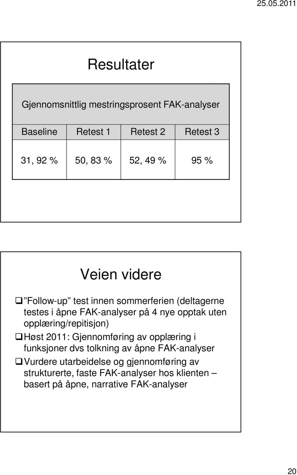 opplæring/repitisjon) Høst 2011: Gjennomføring av opplæring i funksjoner dvs tolkning av åpne FAK-analyser Vurdere