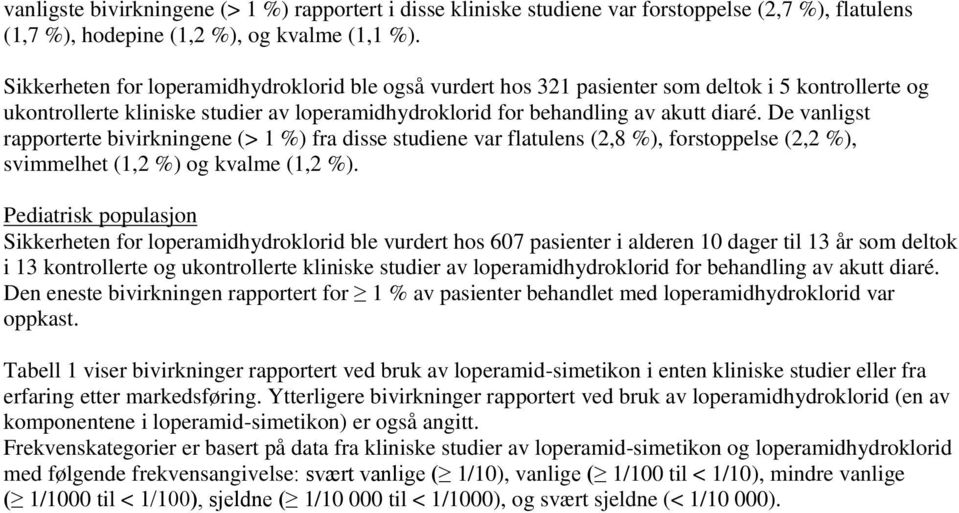 De vanligst rapporterte bivirkningene (> 1 %) fra disse studiene var flatulens (2,8 %), forstoppelse (2,2 %), svimmelhet (1,2 %) og kvalme (1,2 %).