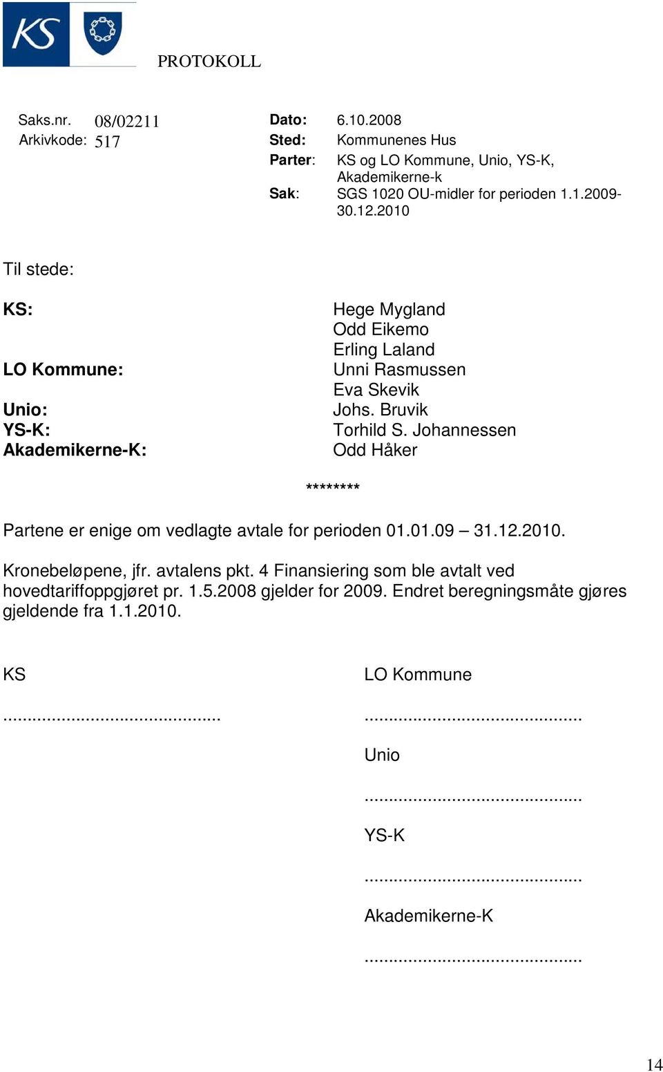 2010 Til stede: KS: LO Kommune: Unio: YS-K: Akademikerne-K: Hege Mygland Odd Eikemo Erling Laland Unni Rasmussen Eva Skevik Johs. Bruvik Torhild S.