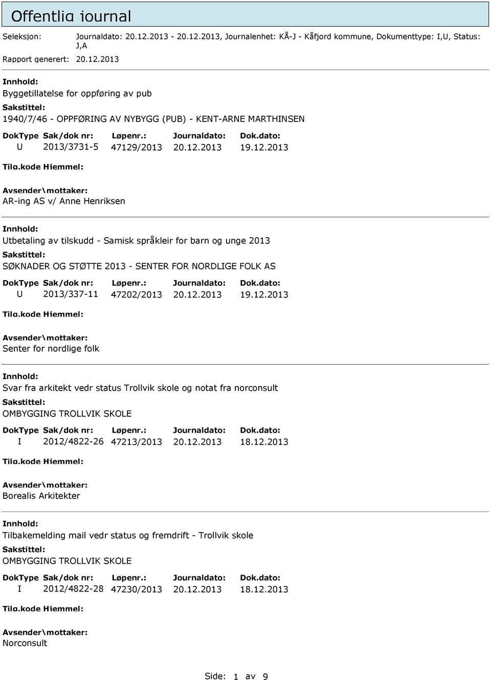 STØTTE 2013 - SENTER FOR NORDLGE FOLK 2013/337-11 47202/2013 Senter for nordlige folk Svar fra arkitekt vedr status Trollvik skole og notat fra norconsult OMBYGGNG TROLLVK