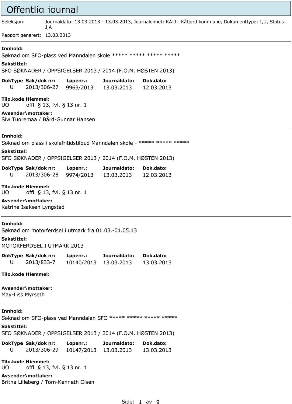 HØSTEN 2013) O 2013/306-27 9963/2013 Siw Tuoremaa / Bård-Gunnar Hansen Søknad om plass i skolefritidstilbud Manndalen skole - ***** ***** ***** SFO SØKNADER /  HØSTEN 2013) O 2013/306-28 9974/2013