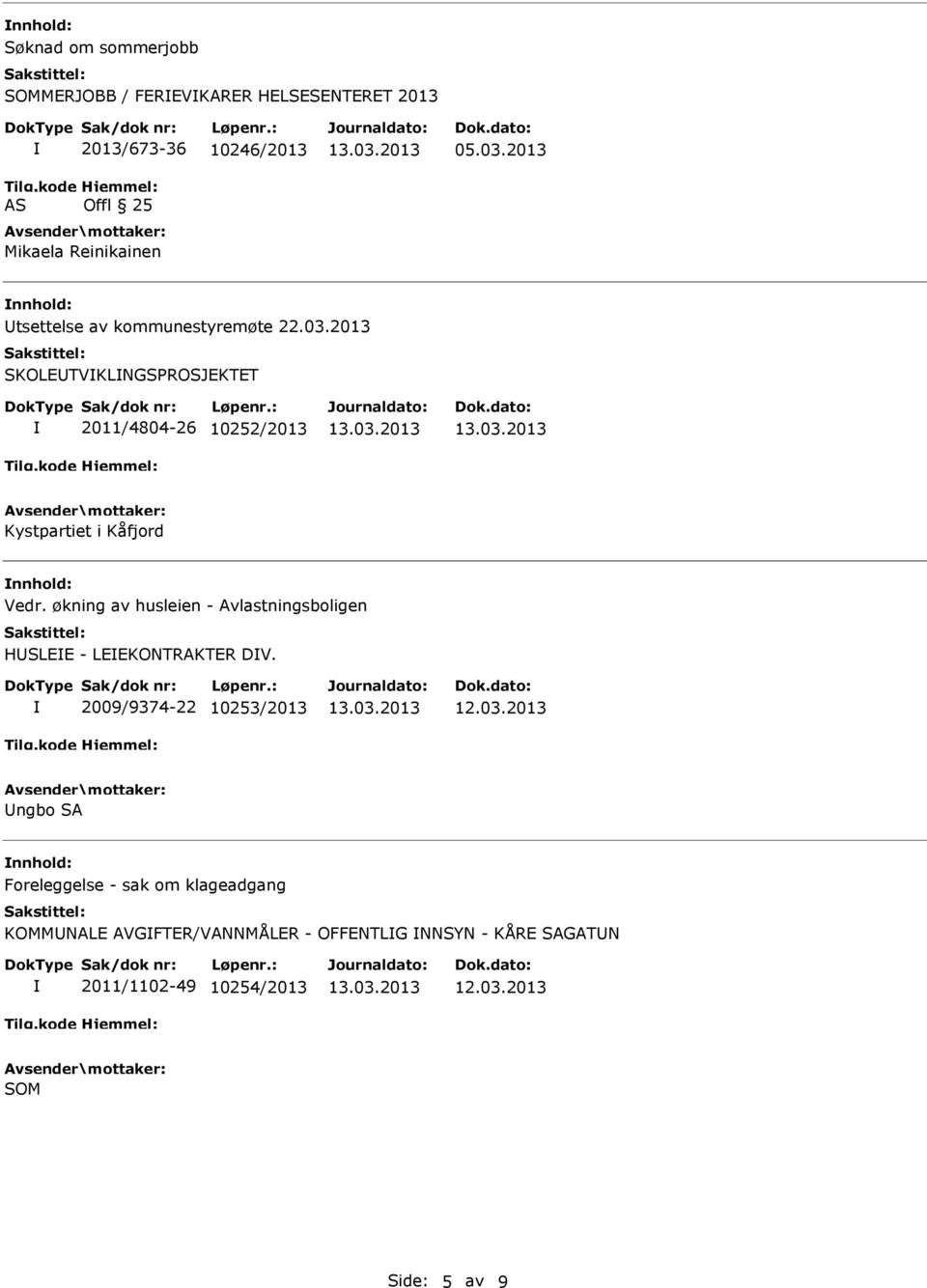 2013 SKOLETVKLNGSPROSJEKTET 2011/4804-26 10252/2013 Kystpartiet i Kåfjord Vedr.