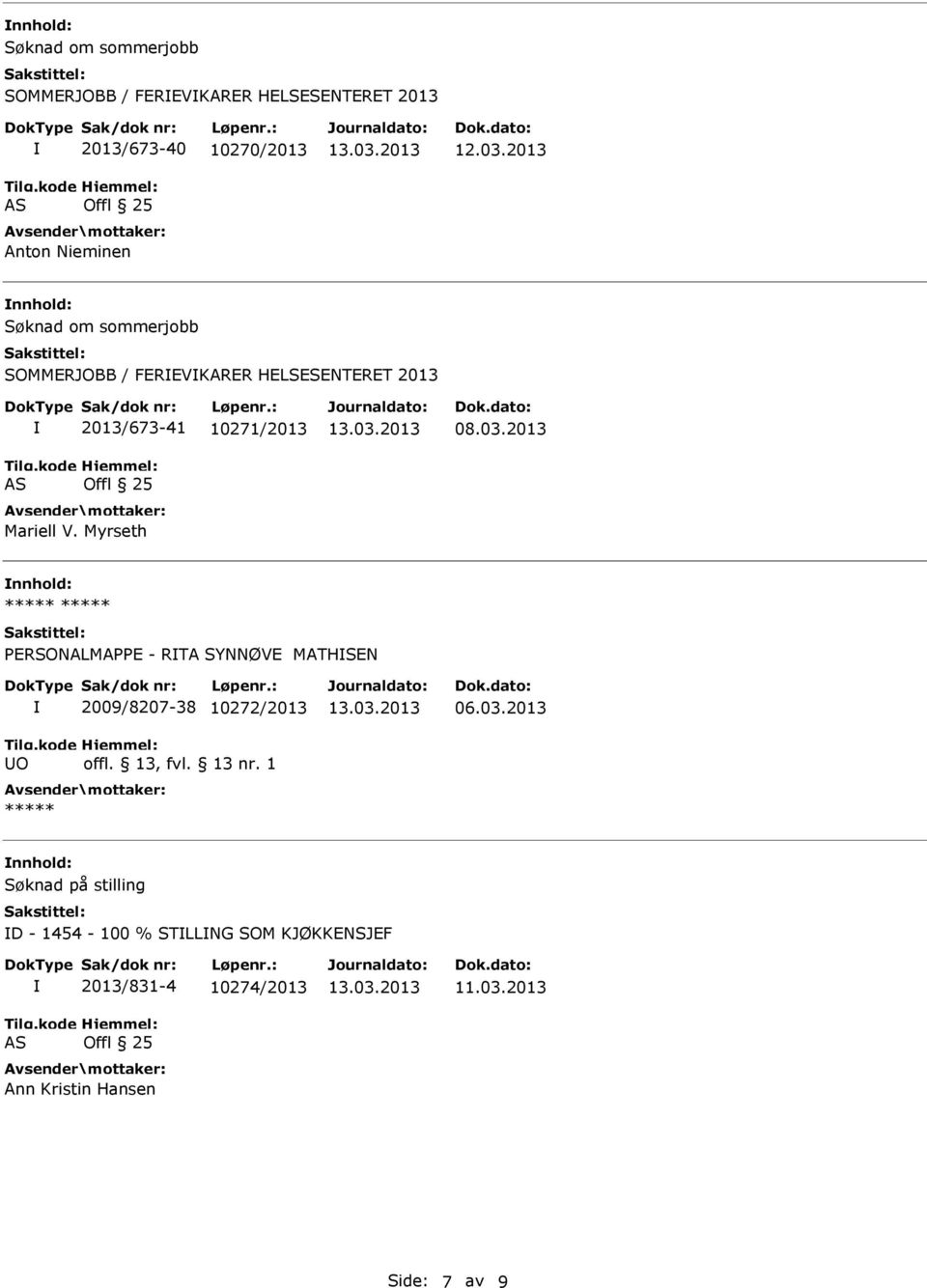 2013 ***** ***** PERSONALMAPPE - RTA SYNNØVE MATHSEN O 2009/8207-38 10272/2013 ***** 06.03.