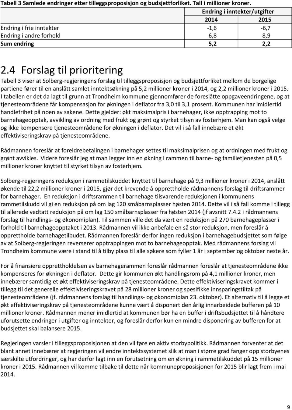 4 Forslag til prioritering Tabell 3 viser at Solberg-regjeringens forslag til tilleggsproposisjon og budsjettforliket mellom de borgelige partiene fører til en anslått samlet inntektsøkning på 5,2