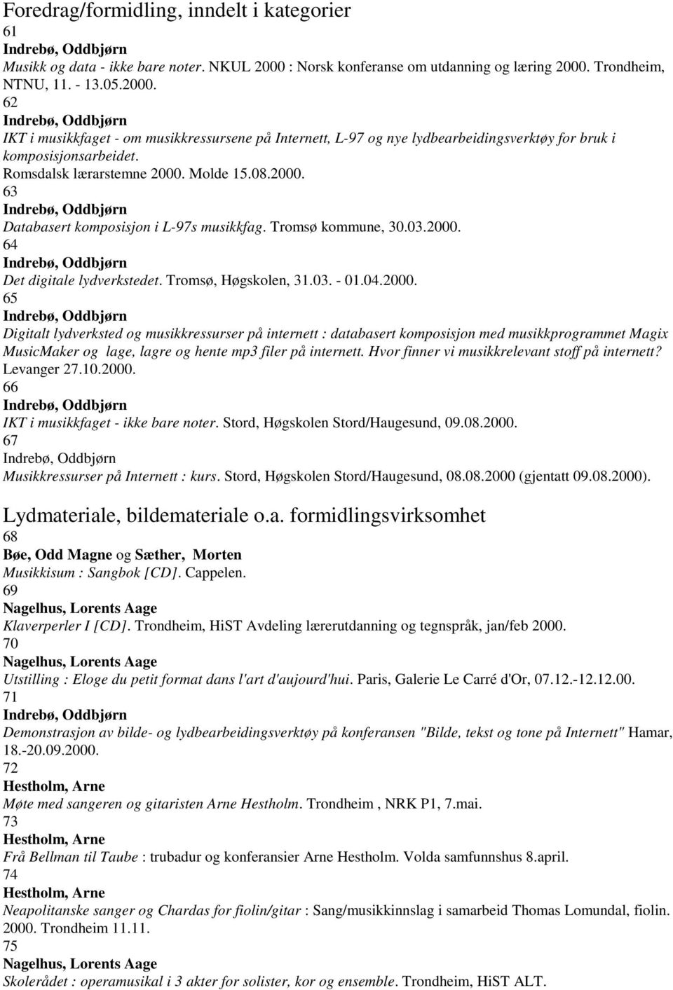 Romsdalsk lærarstemne 2000. Molde 15.08.2000. 63 Indrebø, Oddbjørn Databasert komposisjon i L-97s musikkfag. Tromsø kommune, 30.03.2000. 64 Indrebø, Oddbjørn Det digitale lydverkstedet.