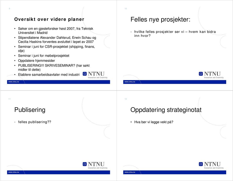 møbelprosjektet Oppdatere hjemmesider PUBLISERING!!! SKRIVESEMINAR?