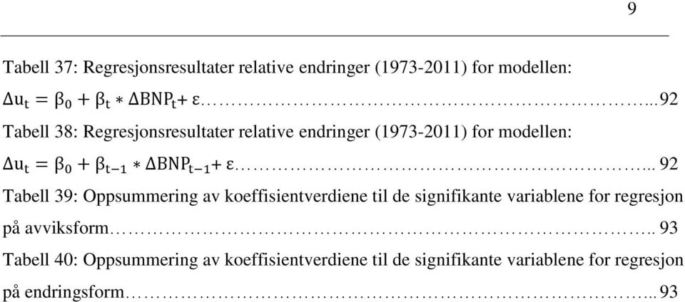 .. 92 Tabell 39: Oppsummering av koeffisientverdiene til de signifikante variablene for regresjon