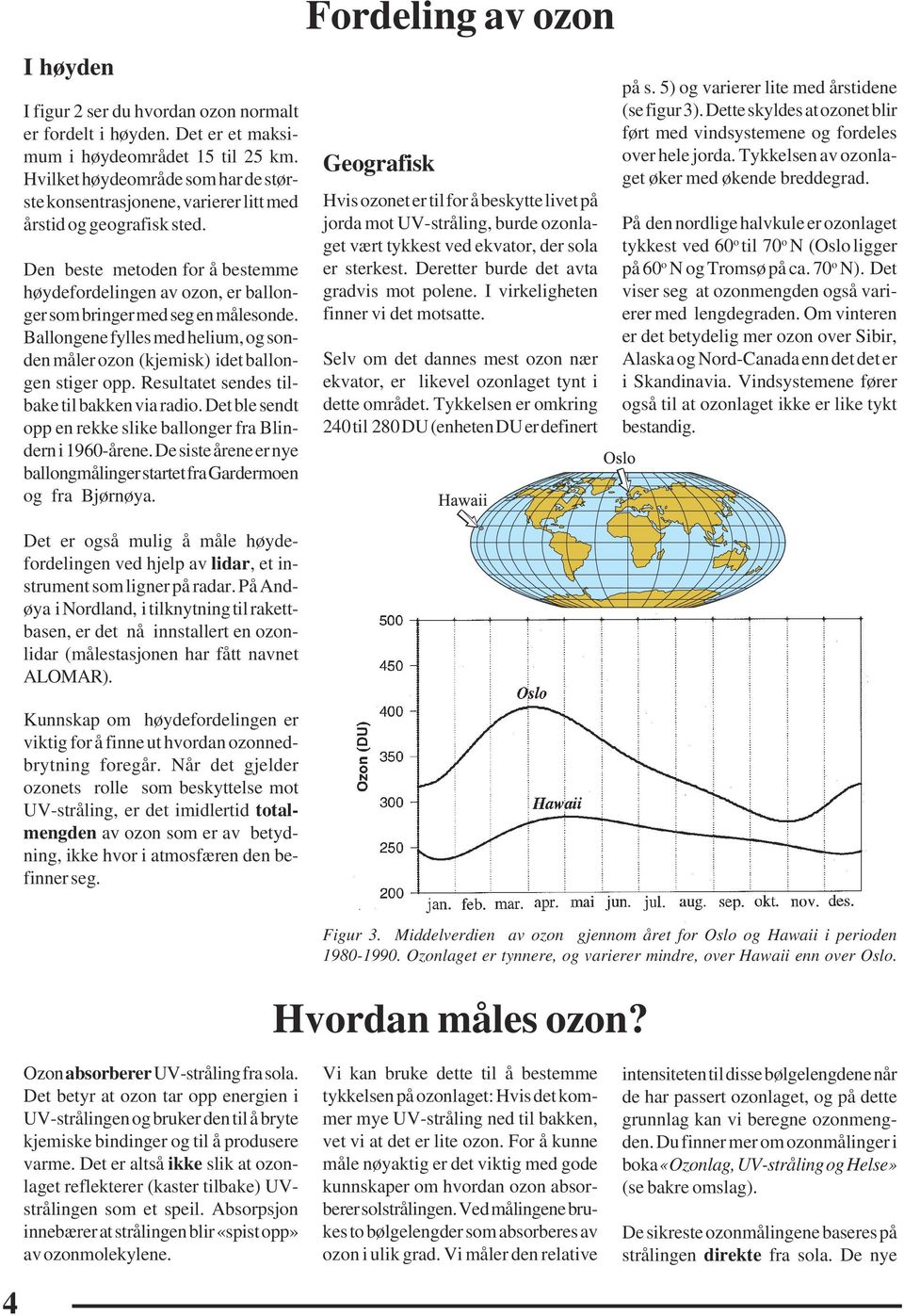 Den beste metoden for å bestemme høydefordelingen av ozon, er ballonger som bringer med seg en målesonde. Ballongene fylles med helium, og sonden måler ozon (kjemisk) idet ballongen stiger opp.