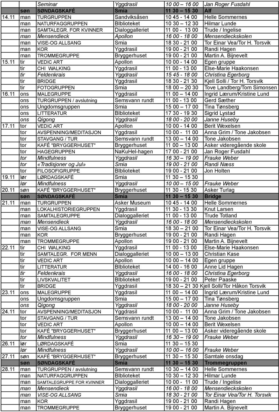 FOR KVINNER Dialoggalleriet 11 00-13 00 Trude / Ingelise man Mensendieck Apollon 16 00-18 00 Mensendieckskolen 15.11 tir VEDIC ART Apollon 10 00-14 00 Egen gruppe 16.