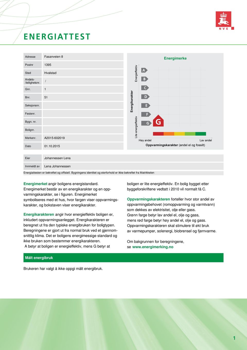 Bygningens identitet og eierforhold er ikke bekreftet fra Matrikkelen Energimerket angir boligens energistandard. Energimerket består av en energikarakter og en oppvarmingskarakter, se i figuren.