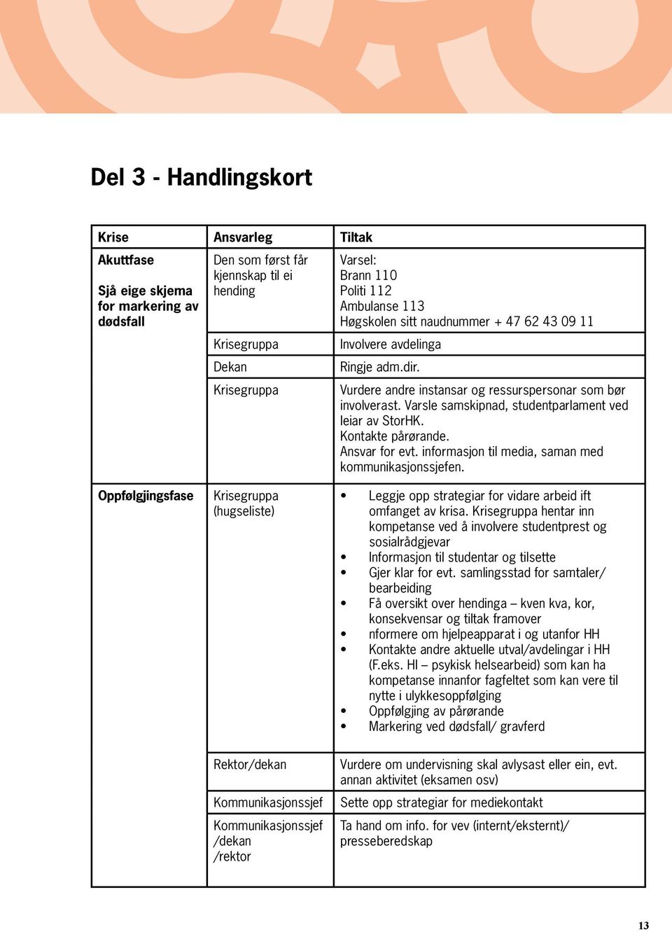 Varsle samskipnad, studentparlament ved leiar av StorHK. Kontakte pårørande. Ansvar for evt. informasjon til media, saman med kommunikasjonssjefen.