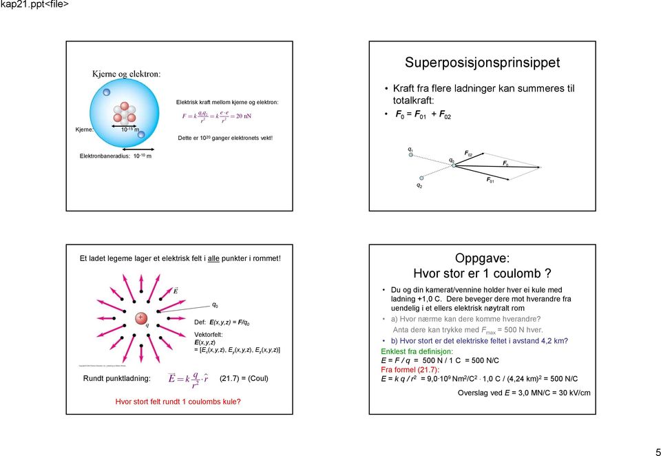 Rundt punktladning: q E = k Def: E(x,y,z) = F/q 0 Vektofelt: E(x,y,z) = [E x (x,y,z), E y (x,y,z), E z (x,y,z)] Hvo stot felt undt 1 coulombs kule? q 0 (1.7) = (Coul) Oppgave: Hvo sto e 1 coulomb?