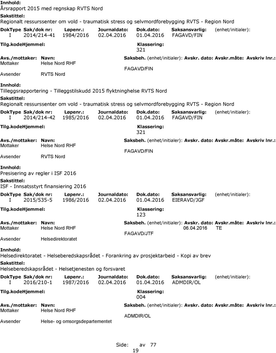 2016 FAGAVD/FIN RVTS Nord 321 FAGAVD/FIN Tilleggsrapportering - Tilleggstilskudd 2015 flyktninghelse RVTS Nord Regionalt ressurssenter om vold - traumatisk stress og selvmordforebygging RVTS - Region