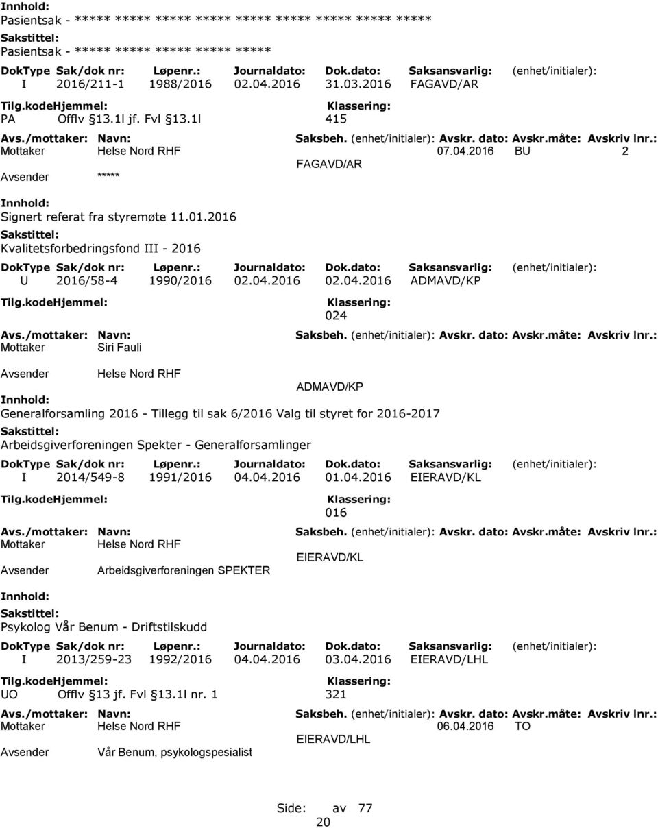 2016 BU 2 FAGAVD/AR ***** Signert referat fra styremøte 11.01.2016 Kvalitetsforbedringsfond III - 2016 U 2016/58-4 1990/2016 02.04.