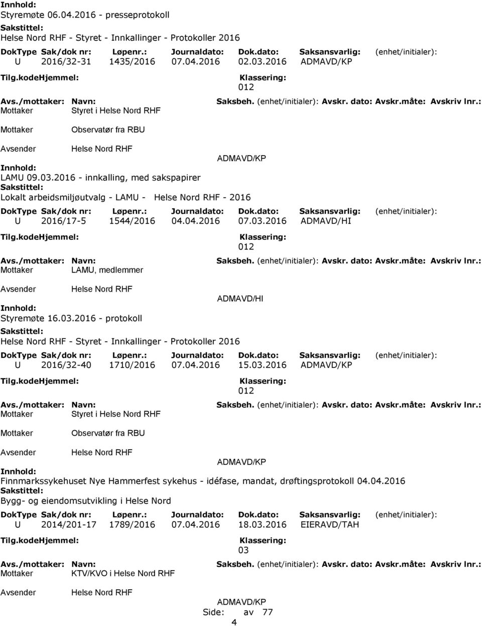 03.2016 - protokoll ADMAVD/HI - Styret - Innkallinger - Protokoller 2016 U 2016/32-40 1710/2016 07.04.2016 15.03.2016 ADMAVD/KP Styret i Observatør fra RBU ADMAVD/KP Finnmarkssykehuset Nye Hammerfest sykehus - idéfase, mandat, drøftingsprotokoll 04.