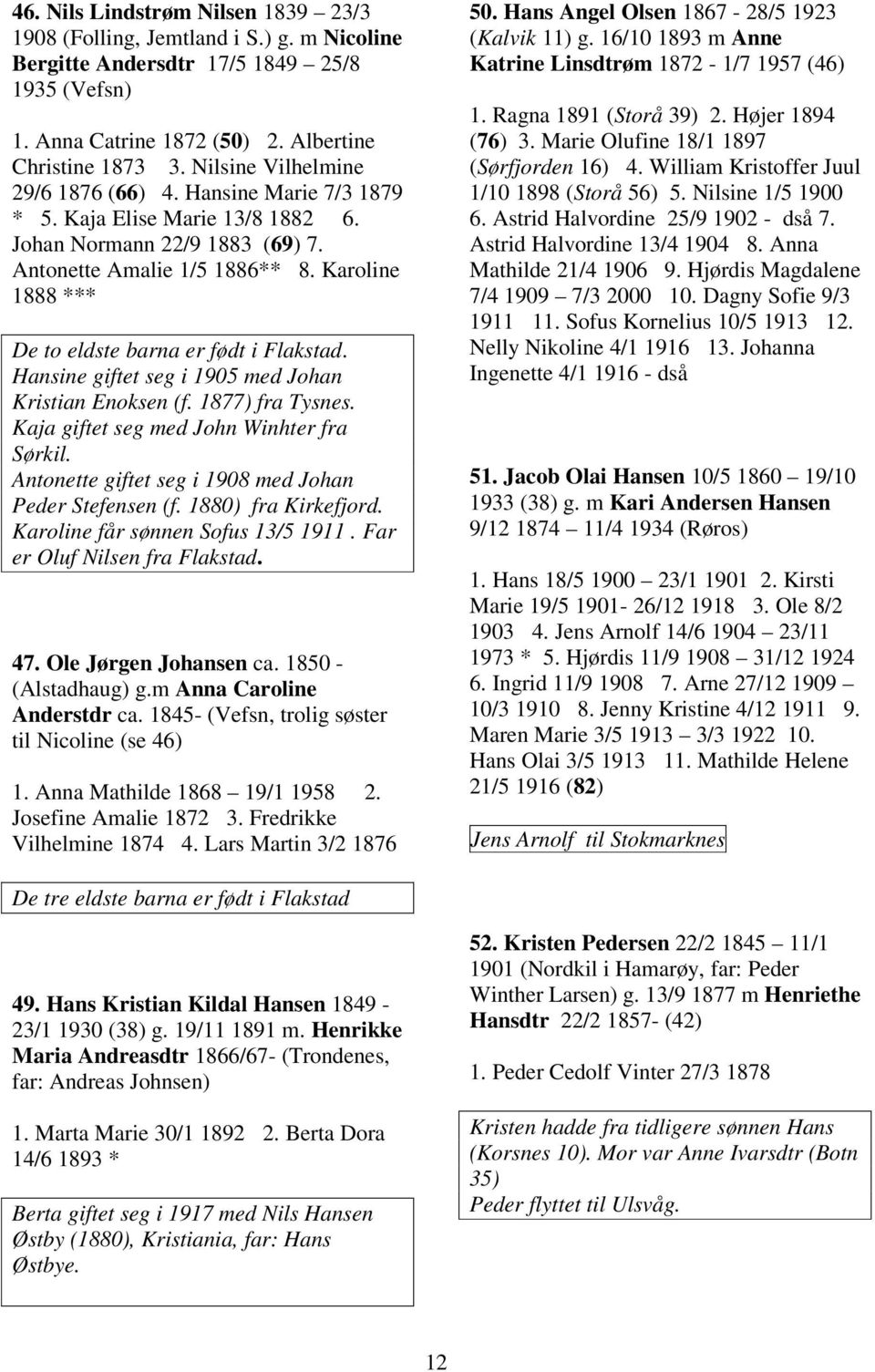 Karoline 1888 *** De to eldste barna er født i Flakstad. Hansine giftet seg i 1905 med Johan Kristian Enoksen (f. 1877) fra Tysnes. Kaja giftet seg med John Winhter fra Sørkil.