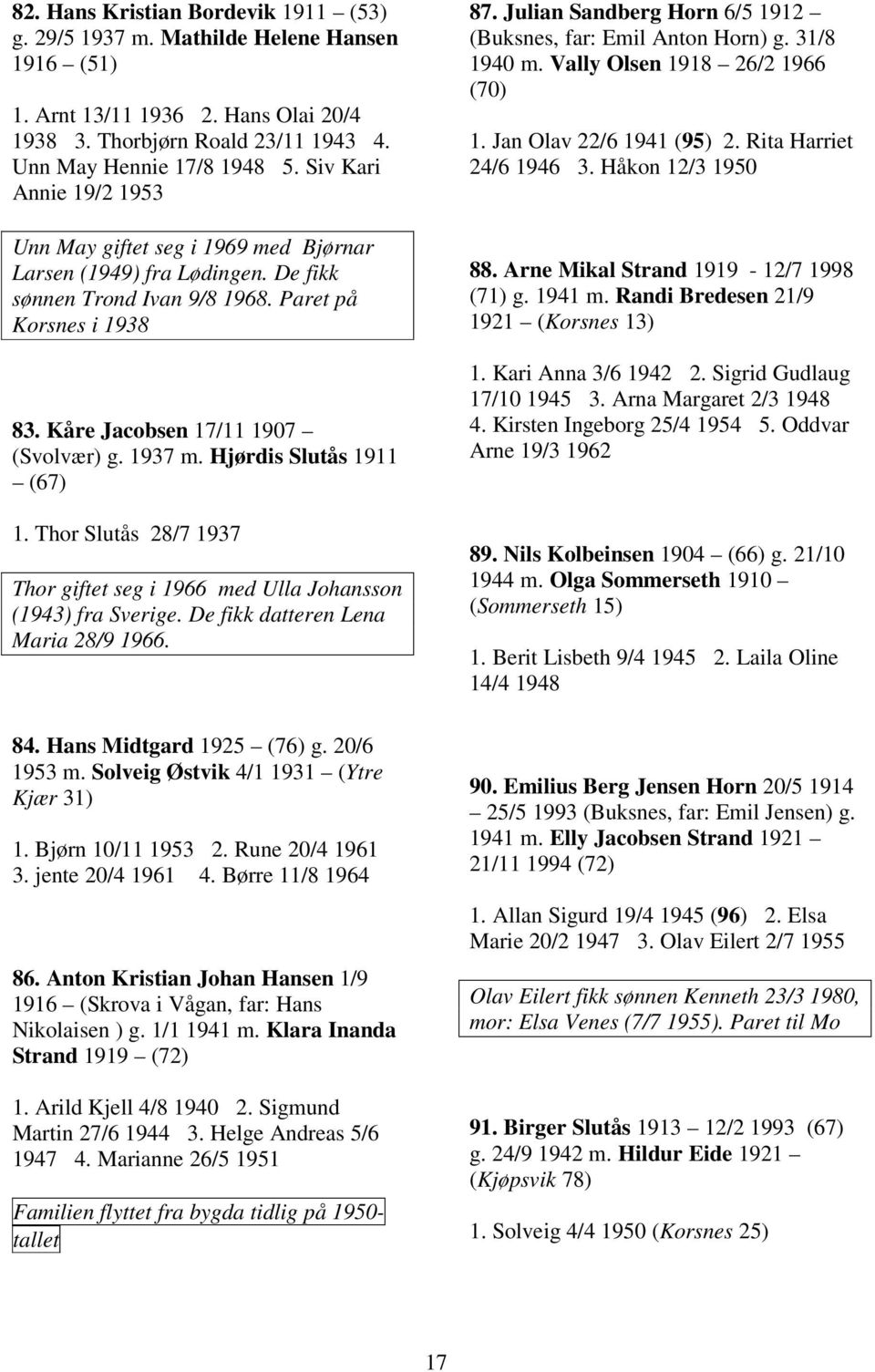 Hjørdis Slutås 1911 (67) 1. Thor Slutås 28/7 1937 Thor giftet seg i 1966 med Ulla Johansson (1943) fra Sverige. De fikk datteren Lena Maria 28/9 1966. 84. Hans Midtgard 1925 (76) g. 20/6 1953 m.