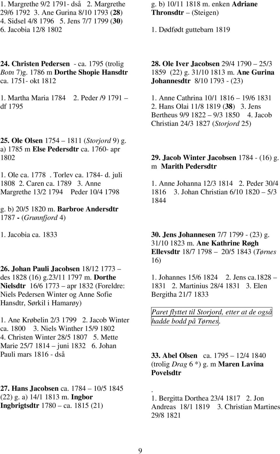 Ole Olsen 1754 1811 (Storjord 9) g. a) 1785 m Else Pedersdtr ca. 1760- apr 1802 1. Ole ca. 1778. Torlev ca. 1784- d. juli 1808 2. Caren ca. 1789 3. Anne Margrethe 13/2 1794 Peder 10/4 1798 g.