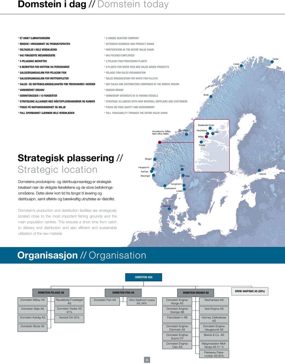 Eierinteresser i 15 fiskebåter * Strategiske allianser med råstoffleverandører og kunder * Fokus på matvaresikkerhet og miljø * Full sporbarhet gjennom hele verdikjeden * A unique seafood company *