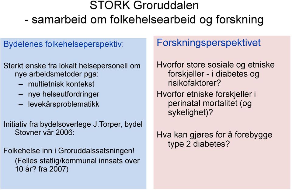 Torper, bydel Stovner vår 2006: Folkehelse inn i Groruddalssatsningen! (Felles statlig/kommunal innsats over 10 år?