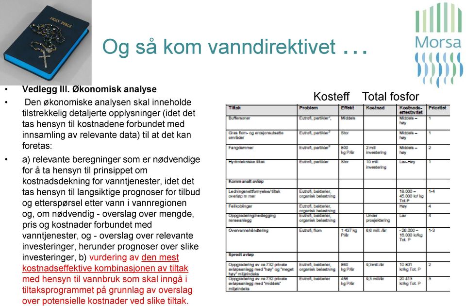 a) relevante beregninger som er nødvendige for å ta hensyn til prinsippet om kostnadsdekning for vanntjenester, idet det tas hensyn til langsiktige prognoser for tilbud og etterspørsel etter vann i