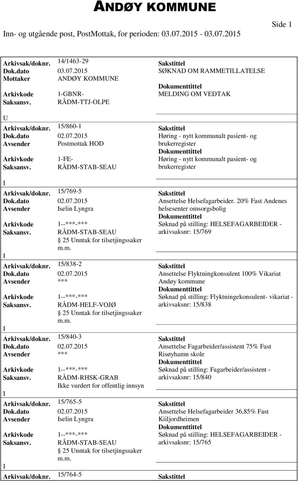 RÅDM-STAB-SEA brukerregister Arkivsak/doknr. 15/769-5 Sakstittel Dok.dato 02.07.2015 Ansettelse Helsefagarbeider.