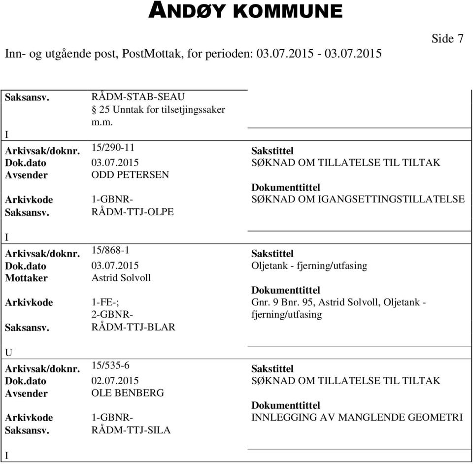 15/868-1 Sakstittel Dok.dato 03.07.2015 Oljetank - fjerning/utfasing Mottaker Astrid Solvoll Arkivkode 1-FE-; 2-GBNR- Gnr. 9 Bnr.