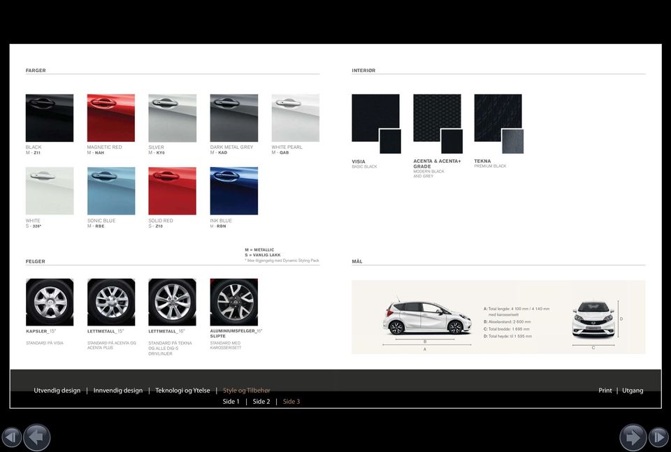A: Total lengde: 4 100 mm / 4 140 mm med karosserisett B: Akselavstand: 2 600 mm D KAPSLER_15" STANDARD PÅ VISIA LETTMETALL_15" STANDARD PÅ ACENTA OG ACENTA PLUS