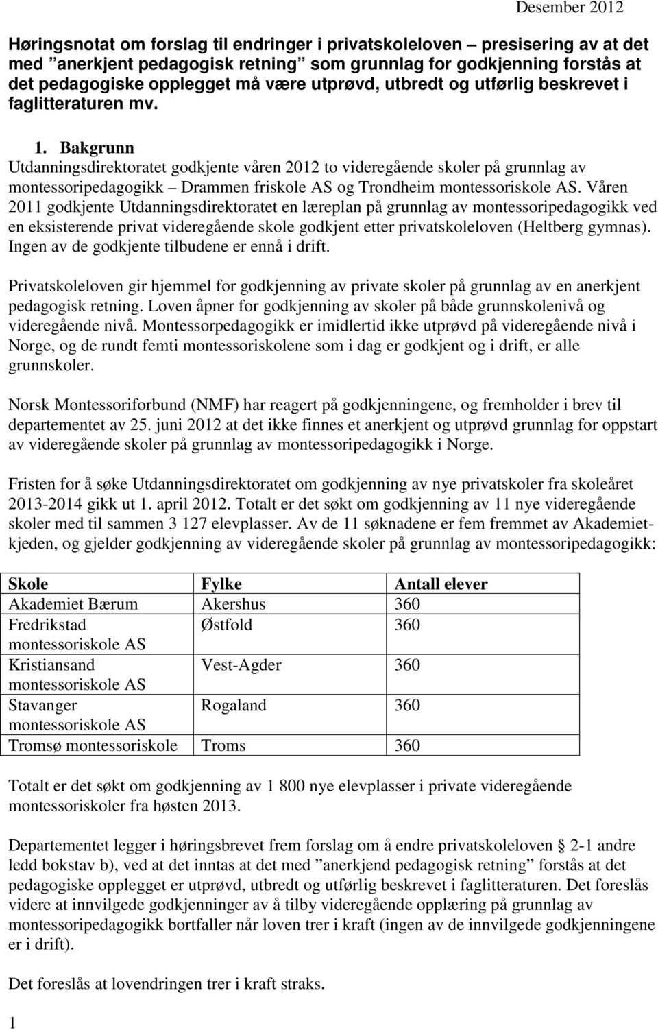 Bakgrunn Utdanningsdirektoratet godkjente våren 2012 to videregående skoler på grunnlag av montessoripedagogikk Drammen friskole AS og Trondheim.