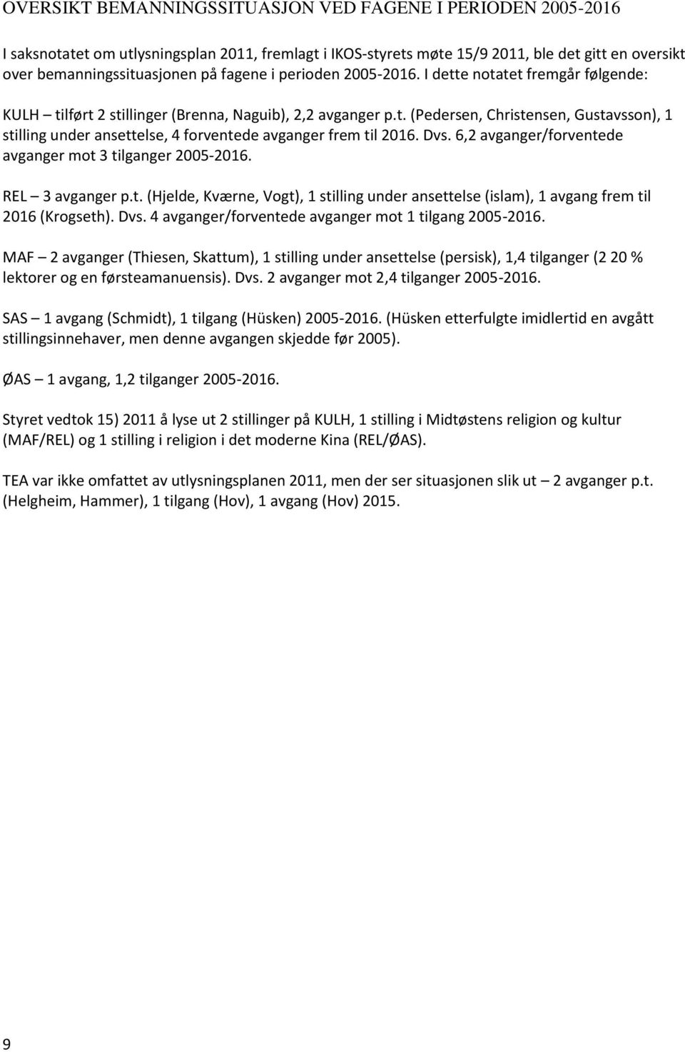 Dvs. 6,2 avganger/forventede avganger mot 3 tilganger 2005-2016. REL 3 avganger p.t. (Hjelde, Kværne, Vogt), 1 stilling under ansettelse (islam), 1 avgang frem til 2016 (Krogseth). Dvs.