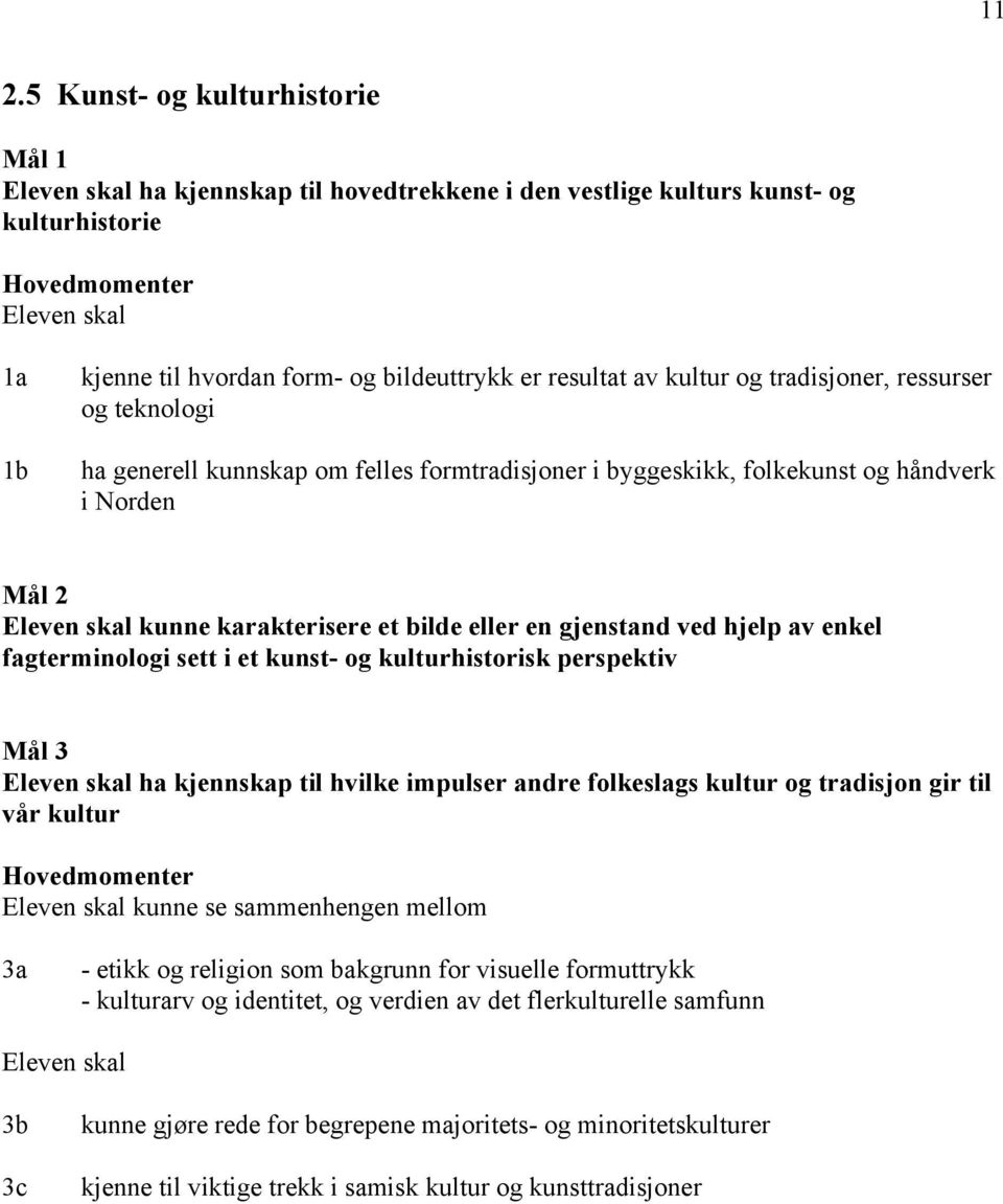 enkel fagterminologi sett i et kunst- og kulturhistorisk perspektiv Mål 3 ha kjennskap til hvilke impulser andre folkeslags kultur og tradisjon gir til vår kultur kunne se sammenhengen mellom 3a -