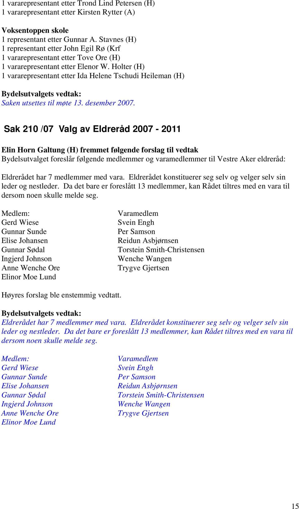 Holter (H) 1 vararepresentant etter Ida Helene Tschudi Heileman (H) : Saken utsettes til møte 13. desember 2007.