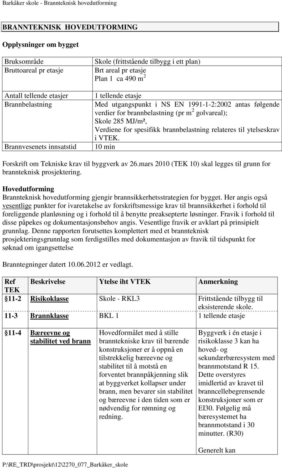 brannbelastning relateres til ytelseskrav i V. 10 min Forskrift om Tekniske krav til byggverk av 26.mars 2010 ( 10) skal legges til grunn for brannteknisk prosjektering.