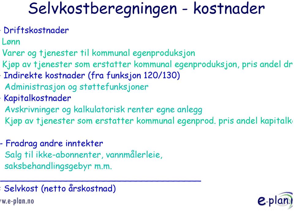 Kapitalkostnader Avskrivninger og kalkulatorisk renter egne anlegg Kjøp av tjenester som erstatter kommunal egenprod.