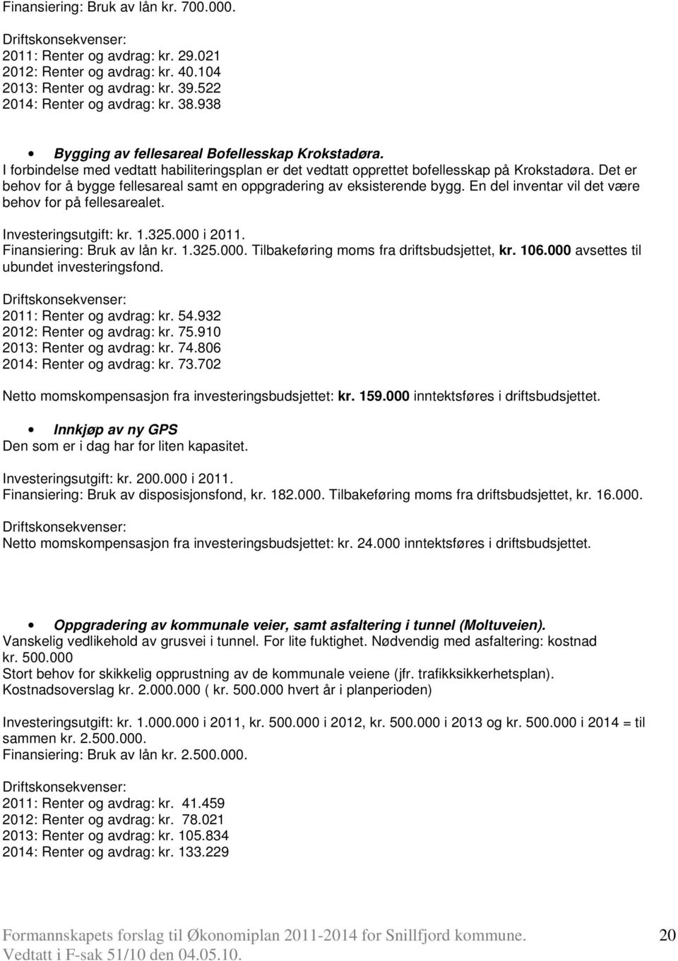 Det er behov for å bygge fellesareal samt en oppgradering av eksisterende bygg. En del inventar vil det være behov for på fellesarealet. Investeringsutgift: kr. 1.325.000 i 2011.