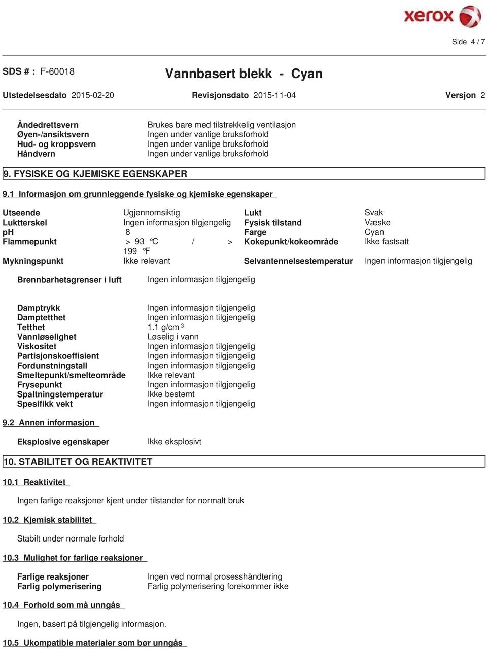 1 Informasjon om grunnleggende fysiske og kjemiske egenskaper Utseende Ugjennomsiktig Lukt Svak Luktterskel Fysisk tilstand Væske ph 8 Farge Cyan Flammepunkt > 93 C / > Kokepunkt/kokeområde Ikke