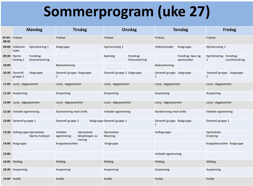 døgnpasienter Lunsj - døgnpasienter Lunsj - døgnpasienter Lunsj - dagpasienter :30 egen Styrke med strikk egen Styrke med strikk egen 3:00 Bukgruppe Bukgruppe 3:30 Hjertes funksjon egen 4:00