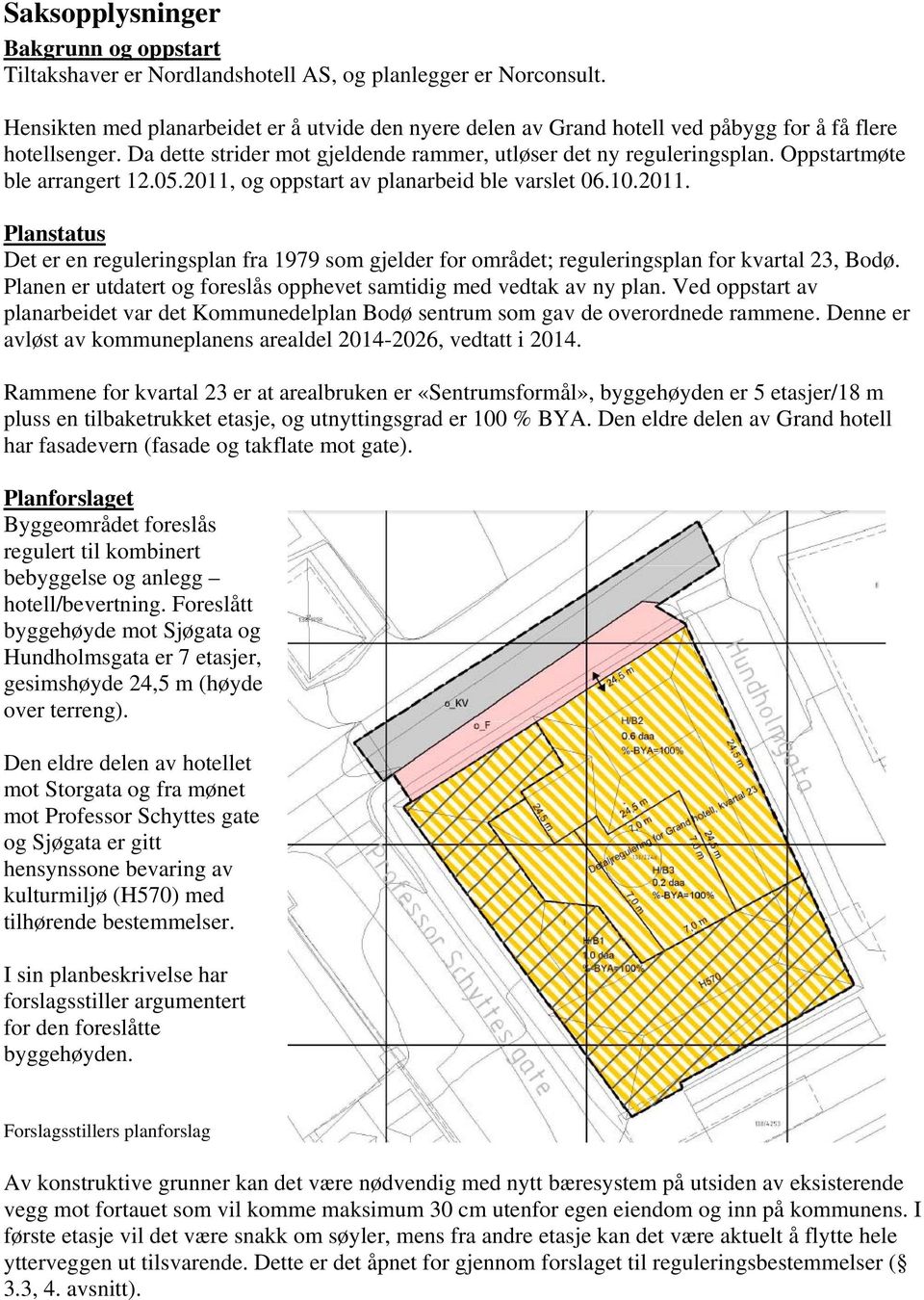 Oppstartmøte ble arrangert 12.05.2011, og oppstart av planarbeid ble varslet 06.10.2011. Planstatus Det er en reguleringsplan fra 1979 som gjelder for området; reguleringsplan for kvartal 23, Bodø.