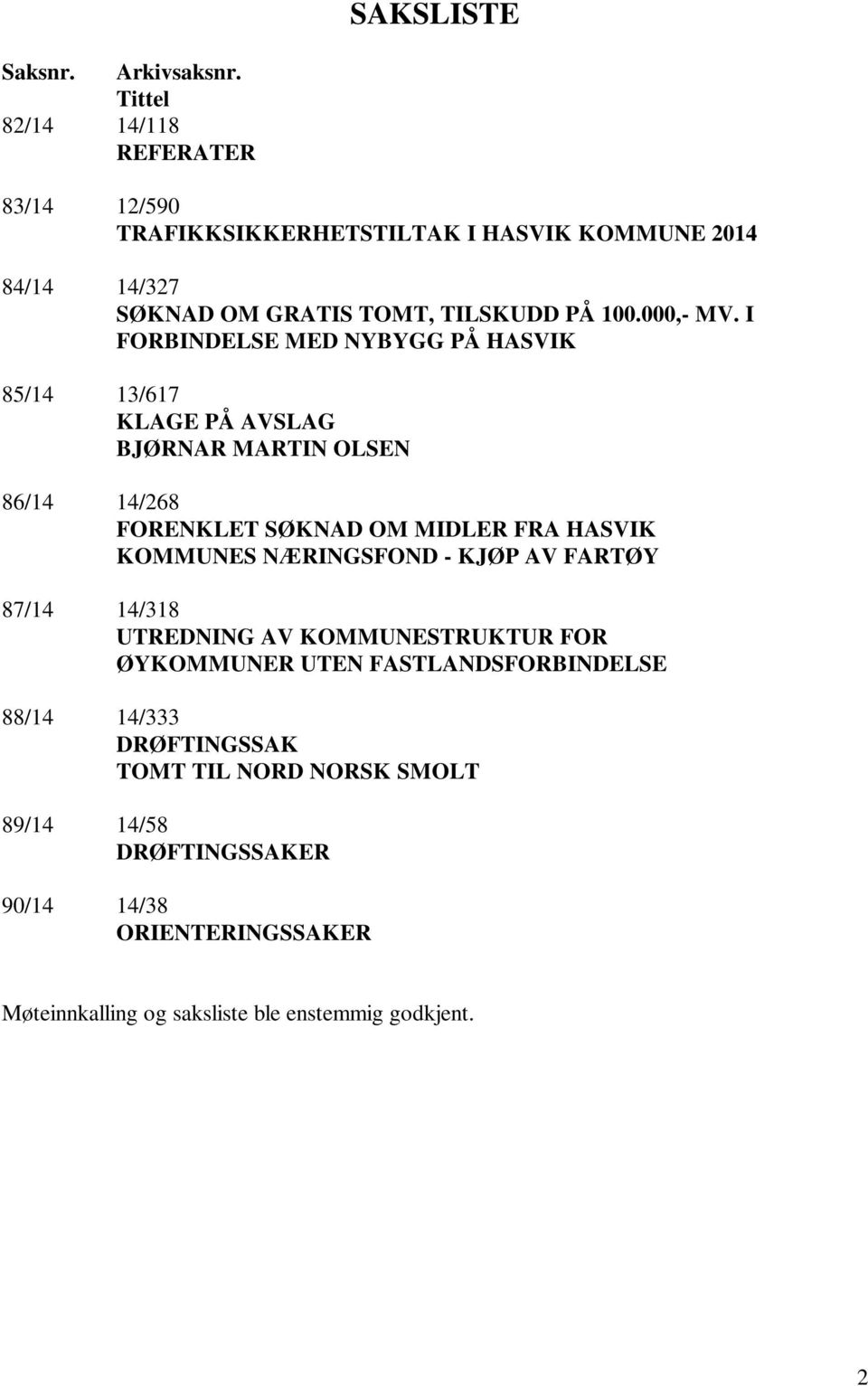 I FORBINDELSE MED NYBYGG PÅ HASVIK 85/14 13/617 KLAGE PÅ AVSLAG BJØRNAR MARTIN OLSEN 86/14 14/268 FORENKLET SØKNAD OM MIDLER FRA HASVIK KOMMUNES