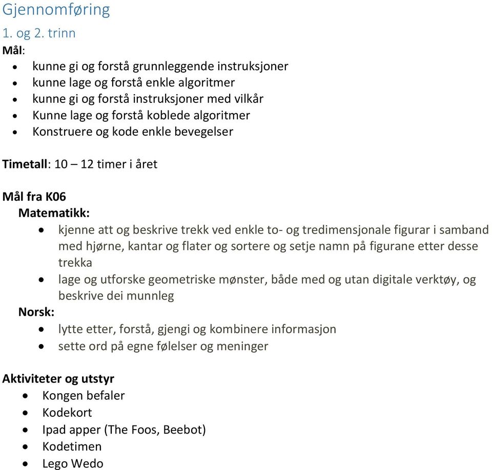 Konstruere og kode enkle bevegelser Timetall: 10 12 timer i året Mål fra K06 Matematikk: kjenne att og beskrive trekk ved enkle to- og tredimensjonale figurar i samband med hjørne,