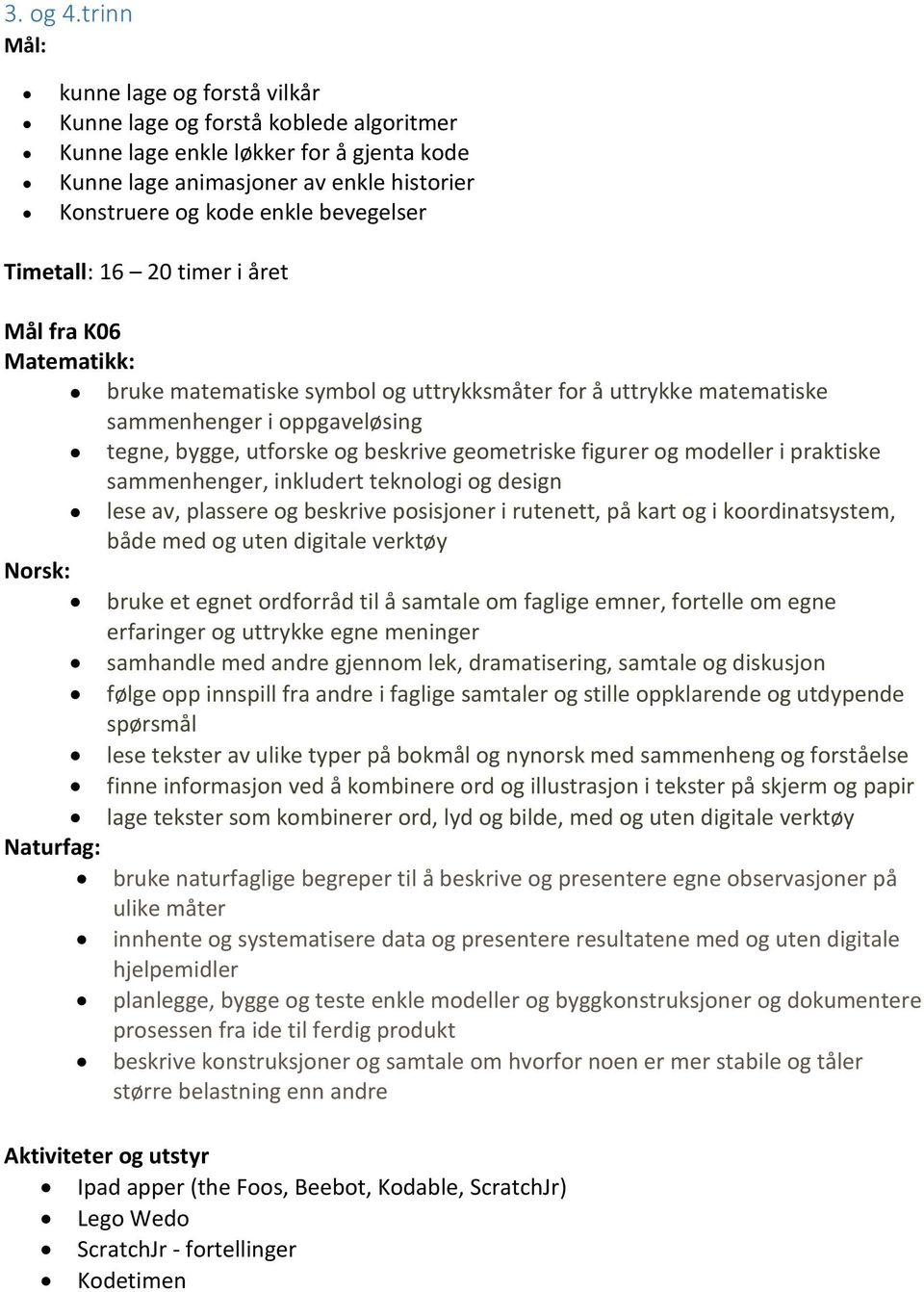 Timetall: 16 20 timer i året Mål fra K06 Matematikk: bruke matematiske symbol og uttrykksmåter for å uttrykke matematiske sammenhenger i oppgaveløsing tegne, bygge, utforske og beskrive geometriske