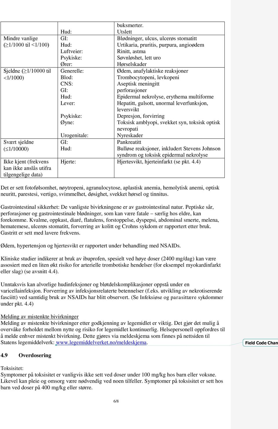 anafylaktiske reaksjoner Blod: Trombocytopeni, levkopeni CNS: Aseptisk meningitt GI: perforasjoner Hud: Epidermal nekrolyse, erythema multiforme Lever: Hepatitt, gulsott, unormal leverfunksjon,