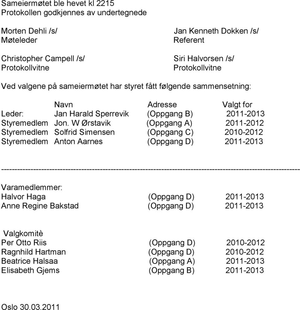 W Ørstavik (Oppgang A) 2011-2012 Styremedlem Solfrid Simensen (Oppgang C) 2010-2012 Styremedlem Anton Aarnes (Oppgang D) 2011-2013