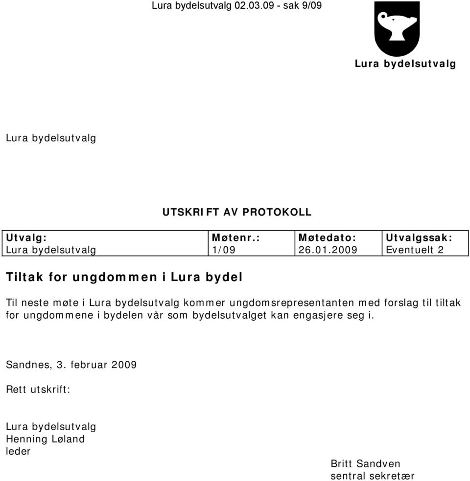 ungdomsrepresentanten med forslag til tiltak for ungdommene i bydelen vår som bydelsutvalget