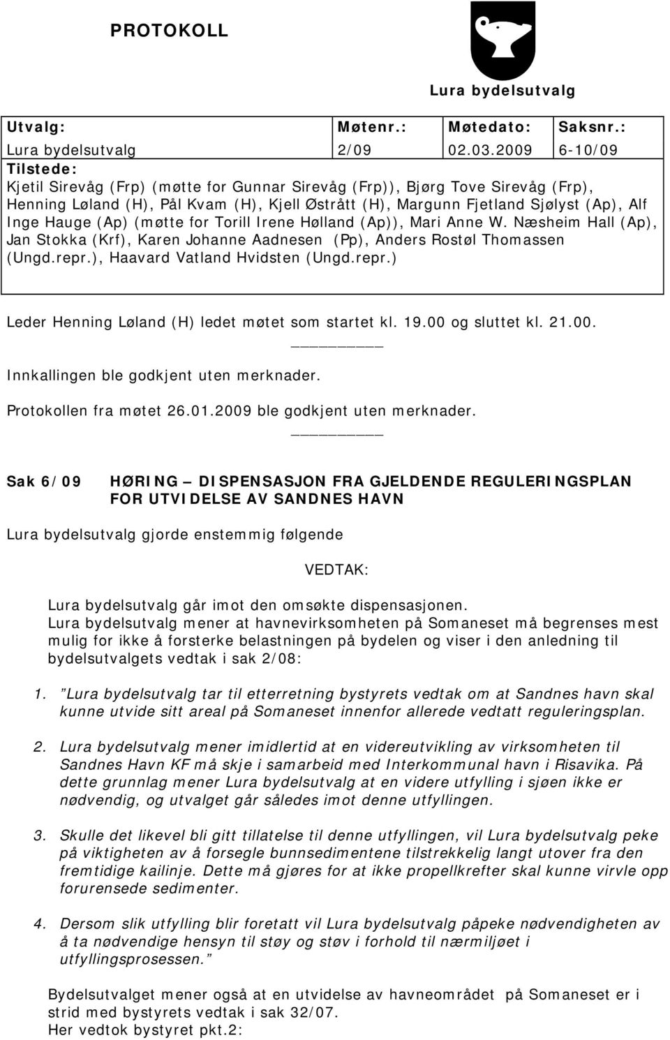 Hauge (Ap) (møtte for Torill Irene Hølland (Ap)), Mari Anne W. Næsheim Hall (Ap), Jan Stokka (Krf), Karen Johanne Aadnesen (Pp), Anders Rostøl Thomassen (Ungd.repr.), Haavard Vatland Hvidsten (Ungd.