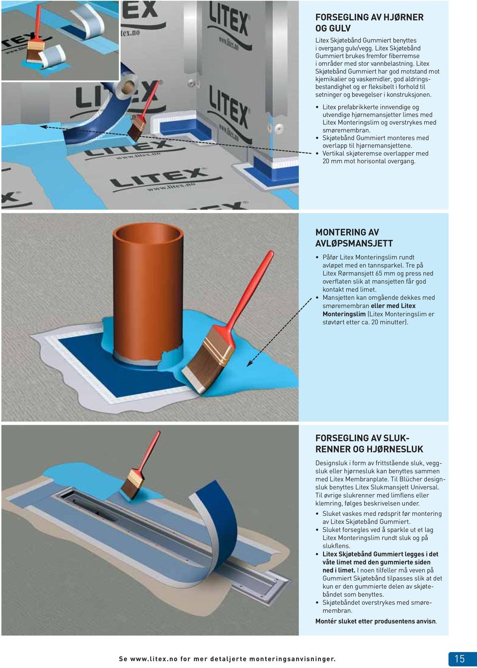 Litex prefabrikkerte innvendige og utvendige hjørnemansjetter limes med Litex Mont erings lim og overstrykes med smøremembran. Skjøtebånd Gummiert monteres med overlapp til hjørnemansjettene.