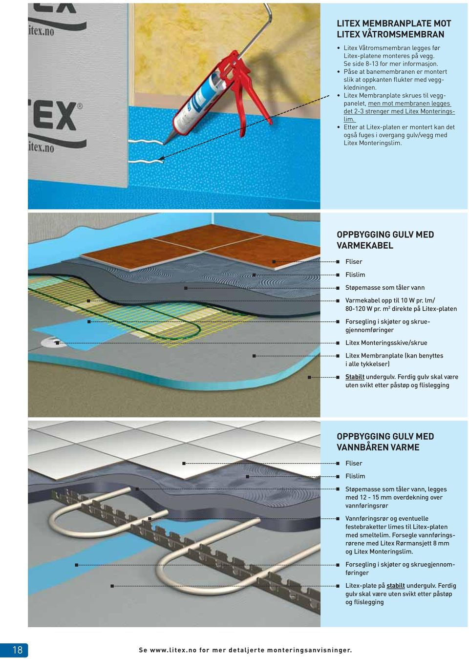 Etter at Litex-platen er montert kan det også fuges i overgang gulv/vegg med Litex Monteringslim. OPPBYGGING GULV MED VARMEKABEL Fliser Flislim Støpemasse som tåler vann Varmekabel opp til 10 W pr.